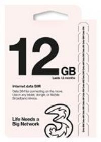 Three 12GB Pay As You Go Data SIM Card