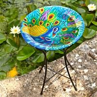 Peacock Design Glass Birdbath Hand Painted Weather Resistant Garden Outdoor Gift