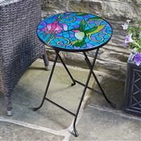 Folding Glass Garden Side Table Outdoor Patio Decking Hand-Painted Hummingbird Design