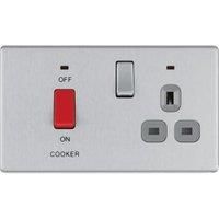 BG Electrical fbs70g Screwless Flat Plate Double Pole Cooker Control Unit with Single Socket and Power Indicator, 45 Amp, Brushed Steel
