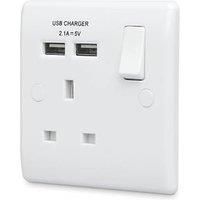 BG Electrical Single Switched 13 A Fast Charging Power Socket with Two USB Charging Ports, 2.1 A, 5 V, 10.5 W, Round Edge, White