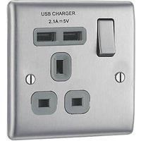 BG Electrical nbs21ug Fast Charging Switched Single Socket with Two Charging USB Ports, Brushed Steel, 13 A