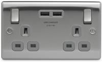 BG Electrical Double Switched Fast Charging Power Socket with Two USB Charging Ports, 13 A, Brushed Steel with Grey Inserts