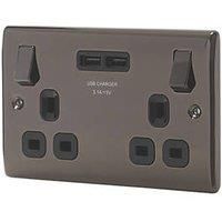 BG Electrical Double Switched Fast Charging Power Socket with Two USB Charging Ports, 13 A, Black Nickel