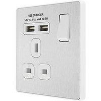 BG Electrical Evolve Single Switched Power Socket + 2 USB Charging Ports (2.1A), 13A, Brushed Steel