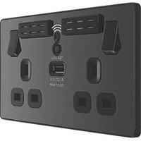 Double Wall Plug Socket 2 Gang 13A Charger USB Ports Outlets Flat Plate Black