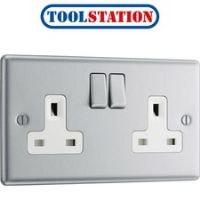 BG Brushed Steel 13A DP White Insert Switched Socket 2 Gang