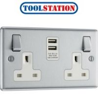 BG Brushed Steel USB 13A White Insert Switched Socket 2 Gang + 2 USB (3.1A)