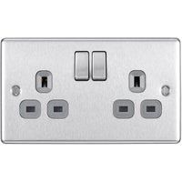 BG 13A Screwed Raised Plate Double Switched Power Socket Double Pole - Brushed Steel