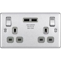 BG 13A Screwed Raised Plate Double Switched Power Socket + 2 X Usb Sockets 2.1A  Brushed Steel