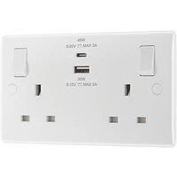 British General 800 Series 13A 2-Gang SP Switched Socket + 3A 45W 2-Outlet Type A & C USB Charger White (288PM)