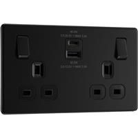 BG Screwless Flatplate Matt 13A Switched Socket With USB A+C 45W 2 Gang in Black Plastic