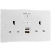 BG Electrical Double Switched Power Wall Plug Socket with Two Type A USB Charging Ports, Round Edge, Nexus 800 Series, White Moulded, 13A, 12W, 822UAA12