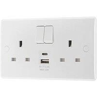 British General 800 Series 13A 2-Gang SP Switched Socket + 2.4A 12W 2-Outlet Type A & C USB Charger White (403PM)