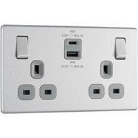 BG Electrical Double Switched Power Wall Plug Socket with Super Fast Charge Type A and C USB Ports, Screwless, Flatplate, Brushed Steel, Grey Inserts, 13A, 45W, FBS22UAC45G