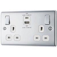 British General Nexus Metal 13A 2-Gang SP Switched Socket + 3A 45W 2-Outlet Type A & C USB Charger Polished Chrome with White Inserts (810PM)