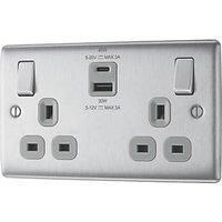 British General Nexus Metal 13A 2-Gang SP Switched Socket + 3A 45W 2-Outlet Type A & C USB Charger Brushed Steel with Grey Inserts (868PM)