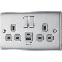 British General Nexus Metal 13A 2-Gang SP Switched Socket + 2.4A 12W 2-Outlet Type A & C USB Charger Brushed Steel with Grey Inserts (494PM)