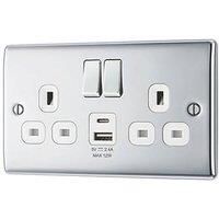 British General Nexus Metal 13A 2-Gang SP Switched Socket + 2.4A 12W 2-Outlet Type A & C USB Charger Polished Chrome with White Inserts (164PM)