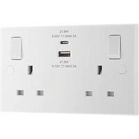 BG Electrical Double Switched Power Socket with Type A and C USB Charging Ports, 13 Amp, 22 Watts, White Moulded, Square Edge
