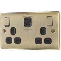 British General Nexus Metal 13A 2-Gang SP Switched Socket + 2.4A 22W 2-Outlet Type A & C USB Charger Antique Brass with Black Inserts (186PM)