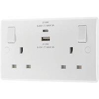 British General 800 Series 13A 2-Gang SP Switched Socket + 3A 22W 2-Outlet Type A & C USB Charger White (336PM)