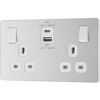 BG Electrical Double Switched Power Wall Plug Socket with Super Fast Charge Type A and Type C USB Charging Ports, Evolve, Brushed Steel, 13A, 45W, PCDBS22UAC45W