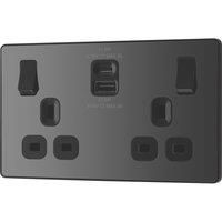 BG Electrical Double Switched Power Wall Plug Socket with Fast Charge Type A and Type C USB Charging Ports, Evolve, Black Chrome, 13A, 22W, PCDBC22UAC22B