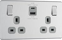 BG Electrical Double Switched Power Wall Plug Socket with Fast Charge Type A and C USB Ports, Screwless, Flatplate, Brushed Steel, Grey Inserts, 13A, 22W, FBS22UAC22G