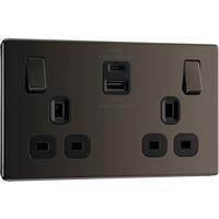 BG Screwless Flatplate 13A Power Socket With USB A+C 22W 2 Gang in Black Nickel Plastic