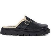 Dune Ladies Gene Leather Faux Shearling-Lined Clogs Size UK 4 Flat Heel Mules Black
