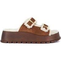 Dune Ladies Lazio Faux Shearling Lined Suede Double Strap Sandals Size UK 4 Platform Heel Suede Casual Sandals Tan