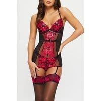 Ann Summers The Hero Cami Suspender with Underwired Padded Plunge Cups with Jewelled Charm - One-Piece Bodysuit Underwear for Women - Mesh Harness Strappy Bra - Black & Red