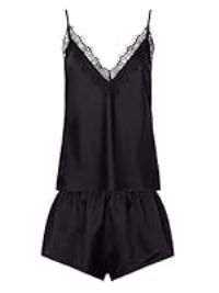 Ann Summers - Cerise Cami Satin Lounge Set for Women, V Neck Lingerie Pyjamas Set, Black Cami and Shorts Set with Eyelash Lace Trim, Nightwear for Women XX Large