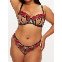 Ann Summers Caged Rose Non-Padded Fuller Bust DD+ Balcony Bra Black & Red Sheer Mesh, DD-G Cup, Embroidered Womens Underwear Stylish & Supportive Bra - Womens Lingerie