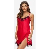 Ann Summers Sorella Chemise Lace Trim Satin Nightdress with Side Split Ladies Nightdress with Adjustable Straps Chemise Nighties for Women, Flattering Womens Lingerie Dress Red