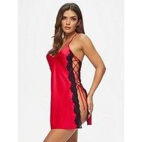 Ann Summers Rosalie Chemise Lace Trim Satin Nightdress with Lace Up Side Detail Ladies Nightdress with Adjustable Straps Chemise Nighties for Women, Flattering Womens Lingerie Dress Red