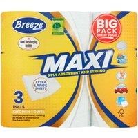 Breeze Maxi 3 Ply Absorbent and Strong Kitchen Towel 3 Rolls