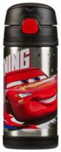 Thermos - Disney Cars Water Bottle (355ml) - BPA Free, Stainless Steel, Spill Proof, Pop-Up Straw, Disney Kids Flask with Personalised Name Labels & Carry Handle for 12-Hour Cold Drinks