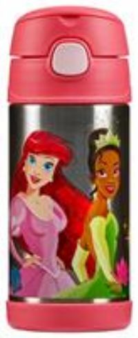 Thermos - Disney Princesses Water Bottle (355ml) - BPA Free, Stainless Steel, Spill Proof, Pop-Up Straw, Disney Kids Flask with Personalised Name Labels & Carry Handle for 12-Hour Cold Drinks