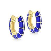 Tuscany Silver Women/'s Sterling Silver Yellow Gold Plated 15mm Blue Squares Enamel Huggie Hoop Earrings