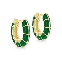 Tuscany Silver Women/'s Sterling Silver Yellow Gold Plated 15mm Green Squares Enamel Huggie Hoop Earrings