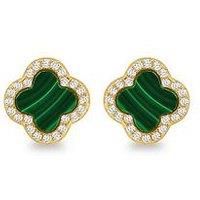 The Love Silver Collection Sterling Silver Yellow Gold Plated 11Mm X 11Mm Clover Malachite And 1Mm White Cz Stud Earrings