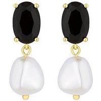 Gold Plated Cubic Zirconia Jet Stone And Pearl Drop Earrings