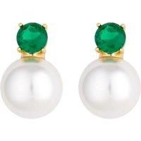 Gold Plated Cubic Zirconia Emerald Stone Pearl Drop Stud Earrings