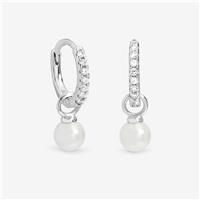 Simply Silver Women's Sterling Silver 925 Cubic Zirconia Pave Pearl Hoop Earrings