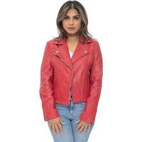 Ladies Womens Red Real Leather Fitted Vintage Biker Style Zip Fashion Jacket 3XL