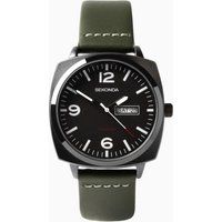 Sekonda Airborne Mens 40mm Quartz Watch in Black with Analogue Day/Date Display, and Green Suede Leather Strap 1990