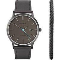 Sekonda Mens Dark Grey Leather Bracelet With Dark Grey Dial Analogue Gift Set