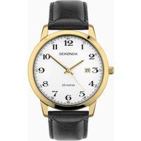 Sekonda Sekonda Easy Reader Men's Watch | Gold Stainless Steel Case & Black Leather Strap with White Dial | 30130
